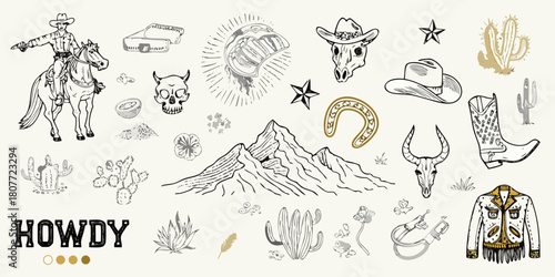 Hand drawn wild west elements collection with cowboy skull cactus and mountains
