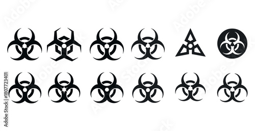 Various biohazard symbols in black and white - set of 13 unique designs