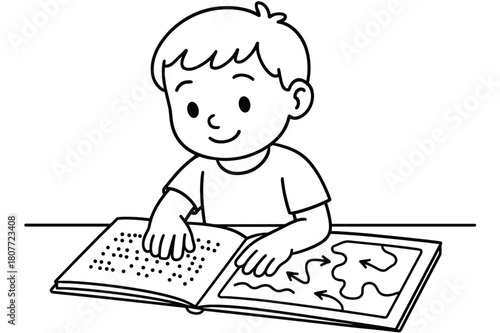 Braille Reading Adventure. Braille reading and tactile graphics children?s coloring book illustration, outlined drawing, student touching raised dots on a book