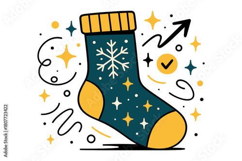 Winter Socks Fashion. Socks. Winter socks with snowflakes and abstract floating sparkles, lines, and icons; conveys warmth, seasonal fashion, and lifestyle.