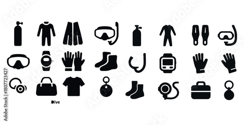 Diving gear icons set: masks, fins, snorkels, wetsuits, gloves, tanks