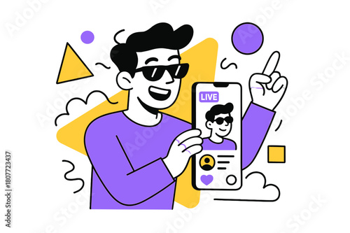 Live Streaming Vibes. Celebrity Influencer. Influencer holding a phone with live streaming interface and floating abstract geometric shapes, energetic and