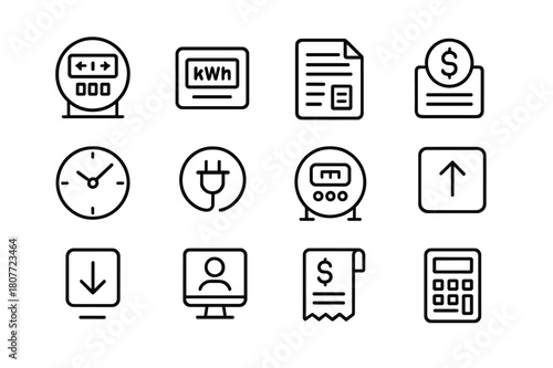 Net Metering Icons. Net metering and billing. Line icon set of net metering and billing: bidirectional meter, credit kWh, bill statement, rate plan, time of