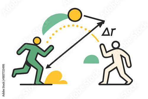 Ball's Path and Displacement. Projectile Motion Path. A ball arcs across air while a single vector shows direct displacement between start and landing. ??r?