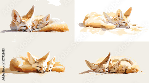 Soft watercolor illustration of sleeping fennec foxes with large ears and warm sandy tones. A peaceful and charming wildlife artwork showing gentle desert animals resting.