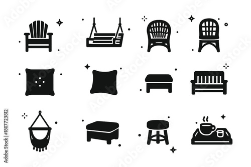 Porch Seating Icons. Porch Seating. Solid icons set of Porch Seating: adirondack chair, porch swing, wicker chair, side table, cushion, throw pillow,
