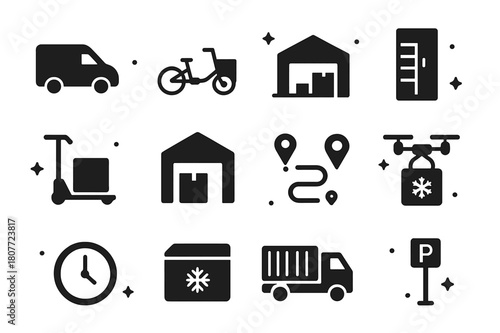 Urban Logistics Icons. Urban logistics and freight. Solid icons set of urban logistics and freight: delivery van, cargo bike, loading bay, last-mile locker,
