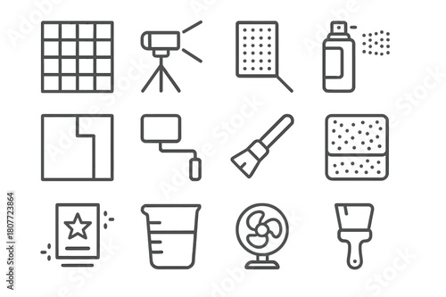 Wall Technique Icons. Large Wall Techniques. Line icon set of Large Wall Techniques: grid method, projector alignment, pounce pattern, gradient spray, color