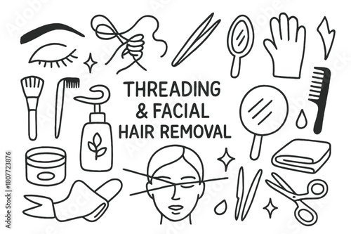 Facial Hair Removal Essentials. Threading and facial hair removal. Hand-drawn doodle illustration Threading and facial hair removal cotton thread, eyebrow