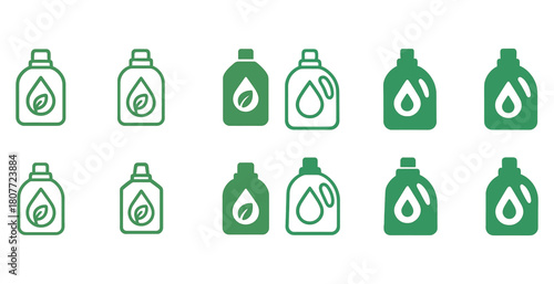 Green eco-friendly detergent icons with leaf and water drop symbols
