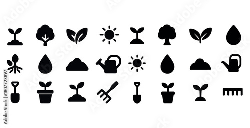 Gardening icons set: plants, tools, and nature elements
