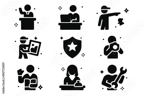Auction Team Icons. Auctioneer and staff. Solid icons set of Auctioneer and staff: auctioneer at podium, clerk typing, ringman pointing, porter carrying art,