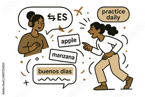 Dynamic Language Learning. AI Assistants ? Language Tutor. Word cards drift between two bubbles labeled ?EN - ES?; pronunciation waves glide under a
