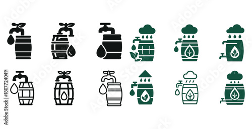 Water conservation icons: rain barrels and eco-friendly faucets