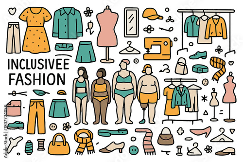 Colorful Inclusive Fashion. Inclusive fashion. Hand-drawn doodle illustration dresses (colored), shirts (colored), pants (colored), skirts (colored), jackets