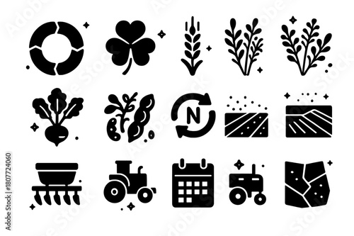 Crop Rotation Icons. Crop rotation and cover crops. Solid icons set of Crop rotation and cover crops: rotation wheel chart, clover cover crop, rye cover crop,