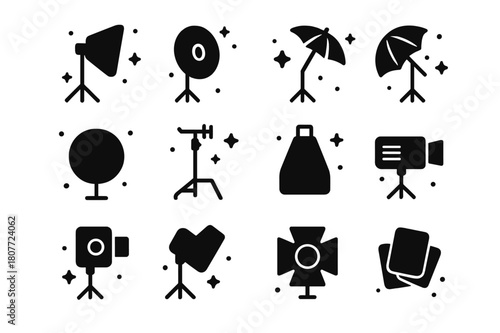 Fashion Studio Lighting Icons. Studio Lighting for Fashion. Solid icons set of Studio Lighting for Fashion: softbox, beauty dish, strip light, umbrella,
