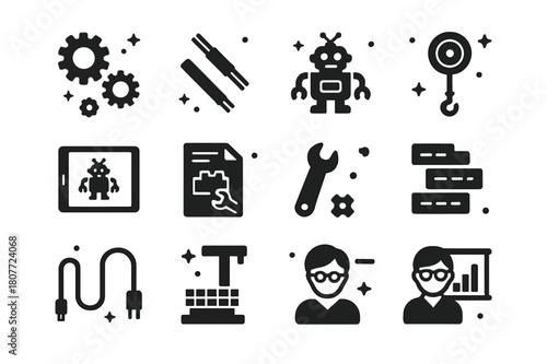 STEM LEGO Icons. STEM Learning with LEGO. Solid icons set of STEM Learning with LEGO: gears, axles, pulley, robot, tablet, instruction sheet, wrench, code