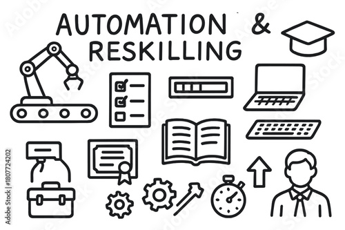 Automation and Reskilling Icons. Automation & reskilling. Hand-drawn doodle illustration automation & reskilling conveyor arm, checklist, progress bar,