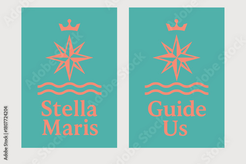 Stella Maris Banners. Star of the Sea. Two vertical A6 banners with safe margins, centered composition, no elements touching edges, modern, turquoise and