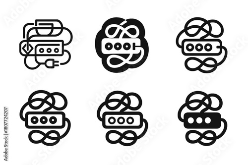 Power Strip Variations. Power strip clutter. Set Logo of Power strip clutter: overloaded strip with loops. harmonious logo variations of the same emblematic