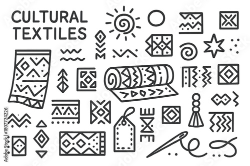 Cultural Textiles Doodles. Cultural textiles. Hand-drawn doodle illustration cultural textiles tribal patterns, zigzag, dots, spirals, fabric roll, geometric