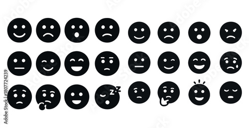 Collection of simple black and white emoji faces displaying various emotions