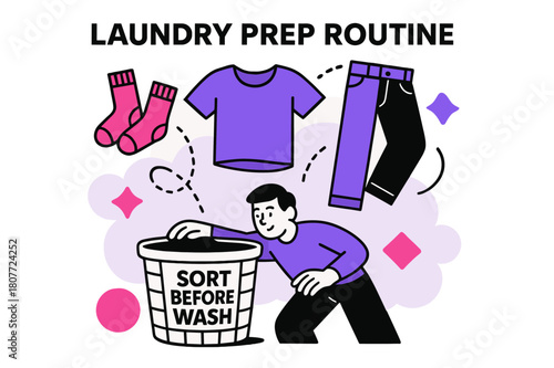 Dynamic Laundry Scene. Laundry Prep Routine. Socks, tees, and jeans hover in midair lines above a spinning basket labeled ?Sort Before Wash.? Dotted motion