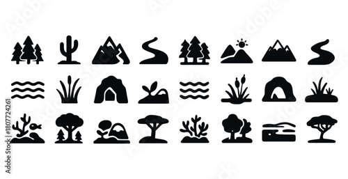 Simple nature icons: trees, mountains, rivers, and caves in black silhouettes