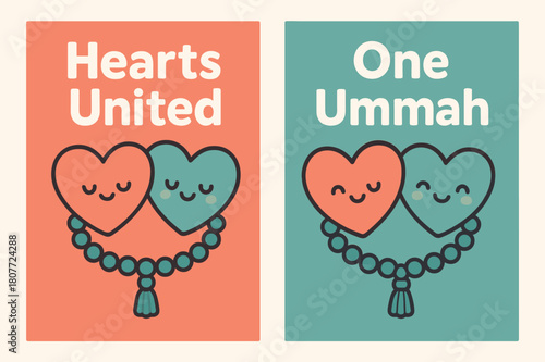 Smiling Hearts Banners. Unity of Hearts. Two vertical A6 banners with safe margins, centered composition, no elements touching edges, kawaii, coral and teal,