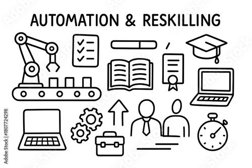 Automation and Reskilling Icons. Automation & reskilling. Hand-drawn doodle illustration automation & reskilling conveyor arm, checklist, progress bar,