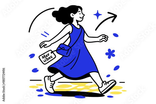 Breezy Dress Stroll. Breezy dress & crossbody. A mid-length dress sways over white sneakers; a tiny crossbody with ?May vibes? tag bounces as she walks.