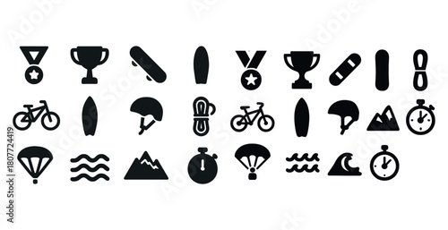 Icons of sports: cycling, skateboarding, surfing, parachuting, climbing, running
