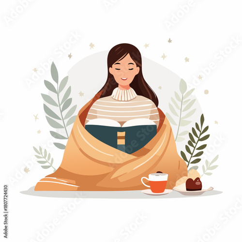 Cozy Woman Reading Book Wrapped in a Blanket