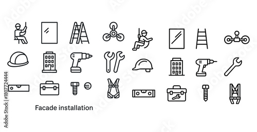 Facade installation tools and safety gear icons