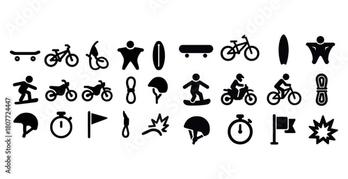 Set of black and white sports activity icons featuring skateboards, bicycles, surfboards, and helmets