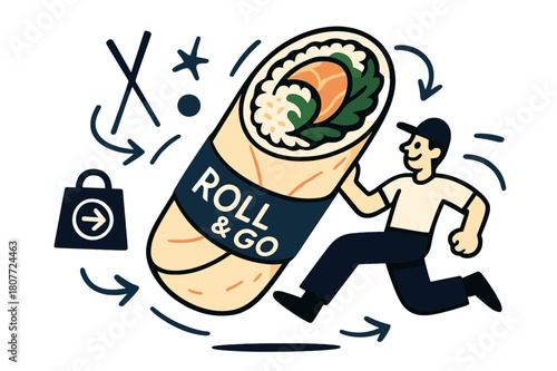 Sushi Burrito Fusion. Sushi burrito mashup. A giant roll is tucked like a wrap as rice and greens stream into a tight spiral; ?Roll & Go? glows on the paper