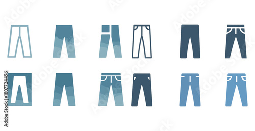 Set of twelve stylized blue jeans icons in various patterns and shades