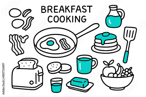 Vibrant Breakfast Doodles. // Breakfast cooking. Hand-drawn doodle illustration Breakfast cooking [frying pan (accented), eggs, bacon, pancake stack