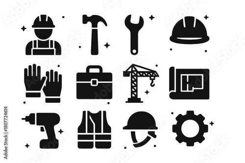 Occupational Icons Collection. Occupational Work. Solid icons set of Occupational Work: construction worker, hammer, wrench, hard hat, gloves, toolbox, crane,