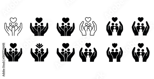 Collection of heart and hands family icons in black and white