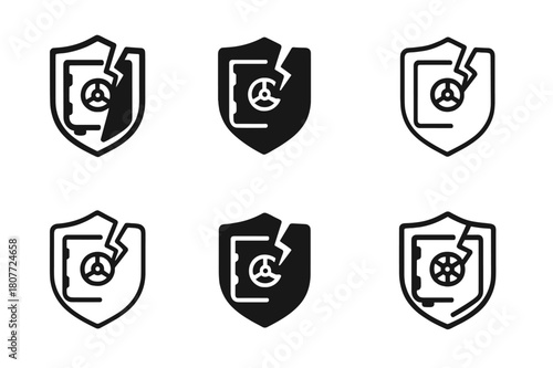 Cybersecurity Logo Variations. Cyber loss risk. Set Logo of Cyber loss risk: data vault with breach. harmonious logo variations of the same emblematic concept,