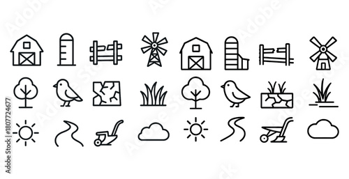 Outline farm and nature icons: barns, windmills, plants, trees, animals, and tools collection