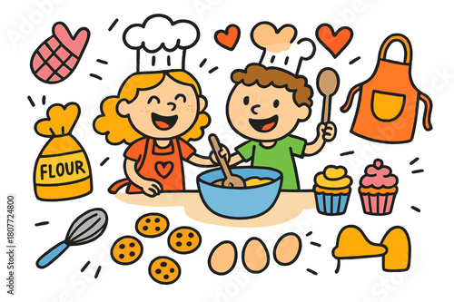 Joyful Cooking Doodles. Cooking together. Colorful Hand-drawn doodle Children illustration Cooking together chef hats, mixing bowl, spoon, cookies, apron, oven