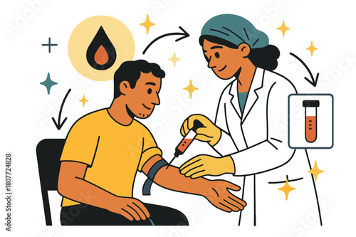 Dynamic Blood Test Scene. Blood test. Phlebotomist collecting blood sample from patient with abstract floating icons, arrows, and sparkles;