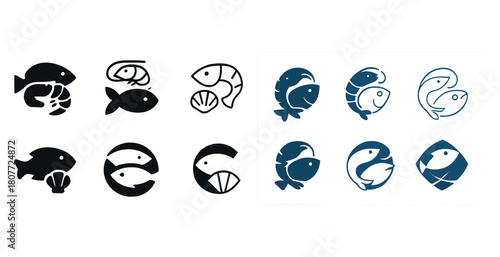 Abstract fish logos in black and blue styles with minimalist design elements