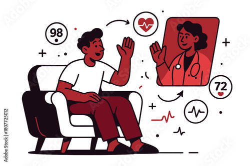 Virtual Health Connection. Telemedicine care. Patient on a sofa waves at a clinician on a holographic call; floating icons show vitals streaming live. Comfort