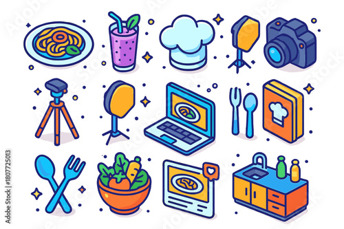 Food Blogger Icons. Food blogger. Colorful isometric vector icons set of food blogger: plate of pasta, smoothie glass, chef?s hat, camera, tripod, lighting