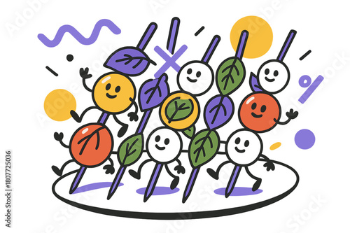 Geometric Caprese Delight. Caprese Skewers. Skewers arranged on a platter with cherry tomatoes, mozzarella, basil, and floating abstract geometric shapes,