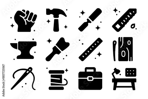 Skilled Work Icons. Skilled Work. Solid icons set of Skilled Work: artisan hand, hammer, chisel, saw, anvil, paintbrush, ruler, wood plank, sewing needle,
